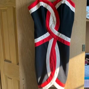 Black with red and nude lines mini dress